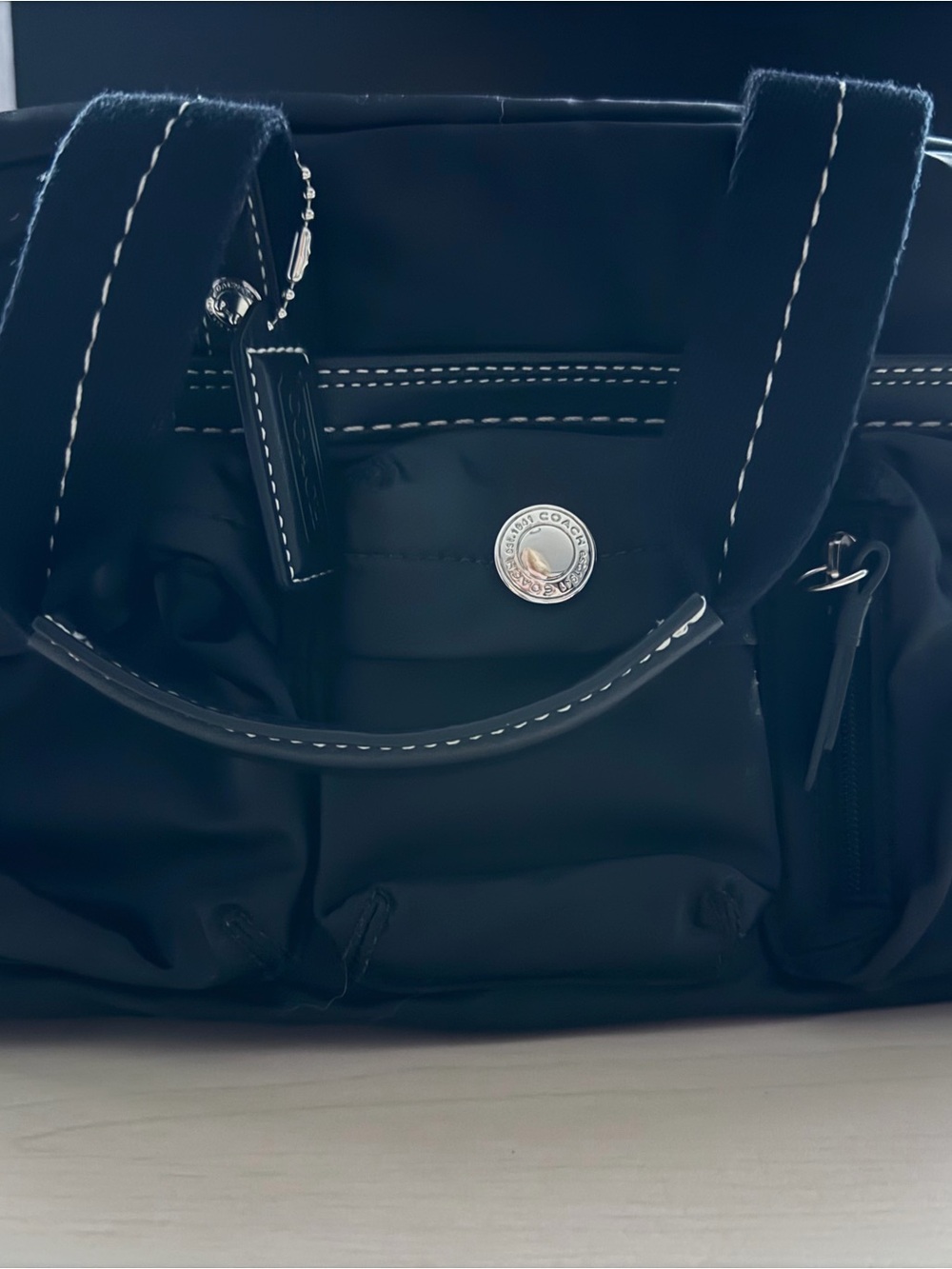 Coach Black Nylon Shoulder Bag with White Contrast Stitching